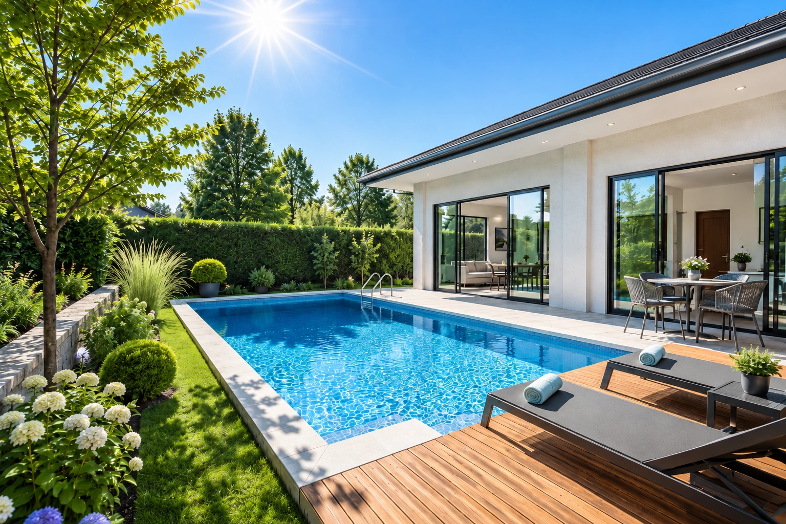 Pool mit Terrasse und Liegen im eigenen Garten